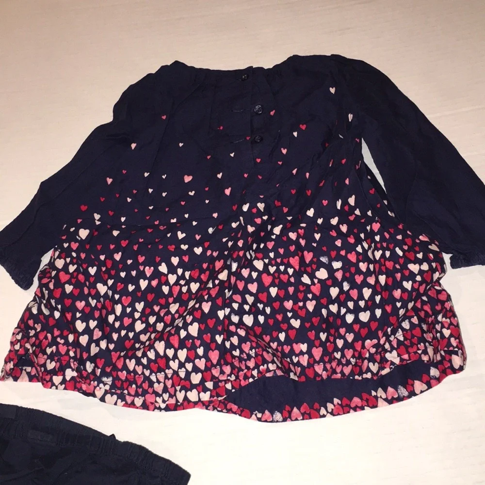 Baby Gap Navy Pink Hearts Long Sleeve Girls Dress With Bloomers Set | 12-18 M